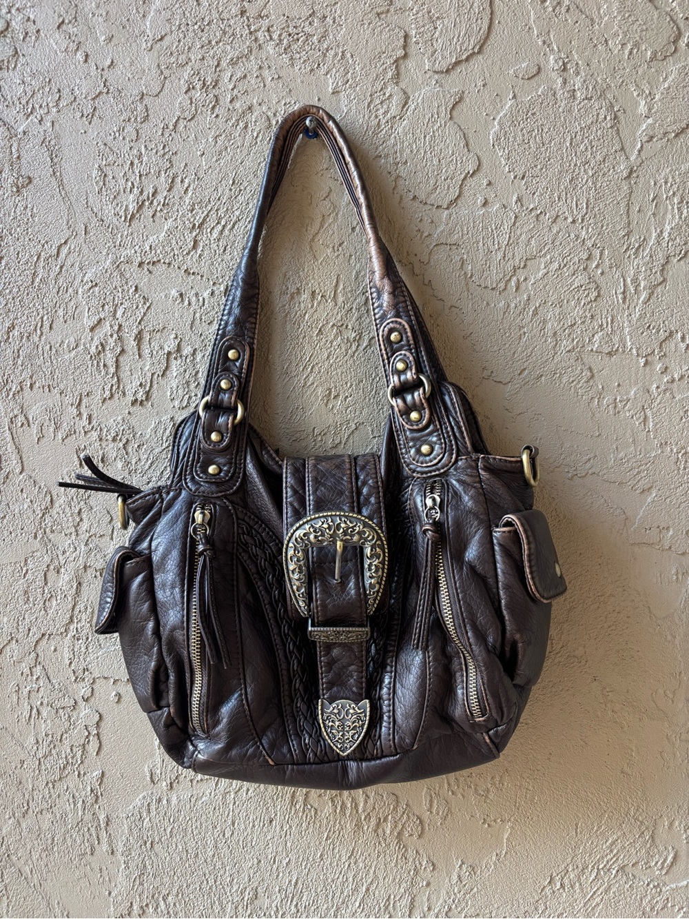 Montana West Dark Brown Leather Shoulder Bag with Decorative Buckle
